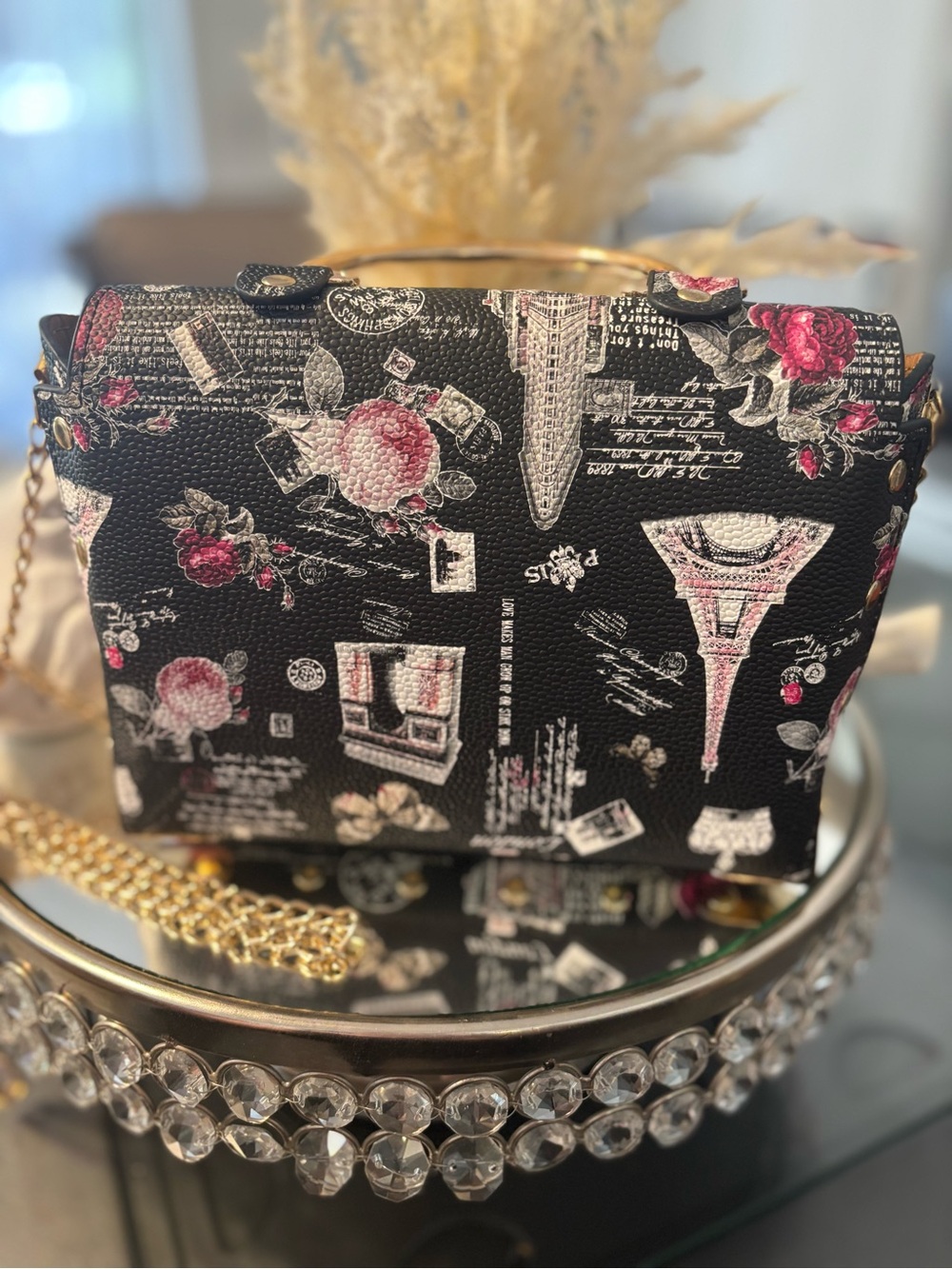 Black Paris Print Top-Handle Crossbody Bag with Gold Hardware - Picture 4 of 12